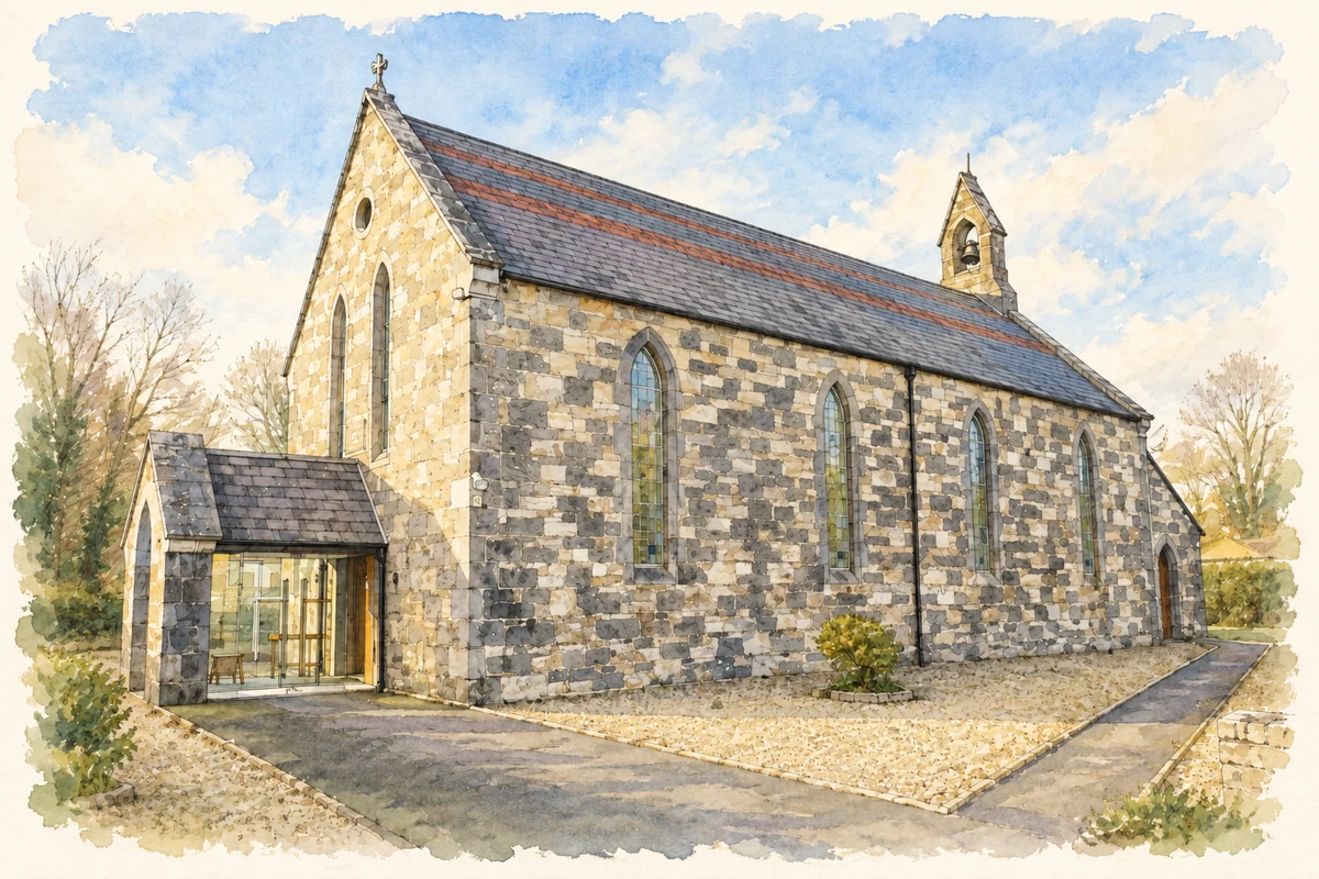 Watercolour and fine ink illustration of Sixmilebridge Library, former church.