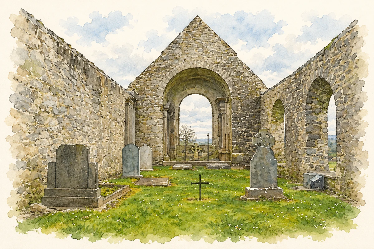 Watercolour and fine ink illustration of Old St Mochulla's Church, Tulla.