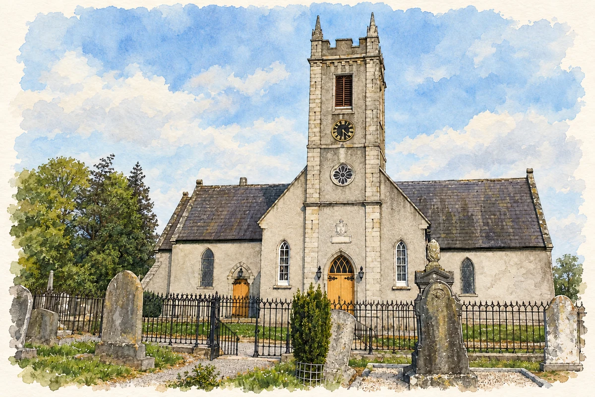 Watercolour and fine ink illustration of Christ Church, Delgany.