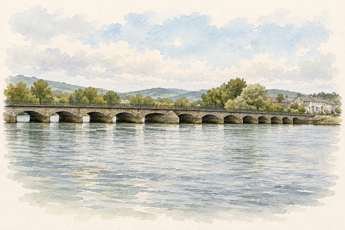 Watercolour and fine ink illustration of Arklow Bridge in Arklow, showing its complete visible architectural silhouette.