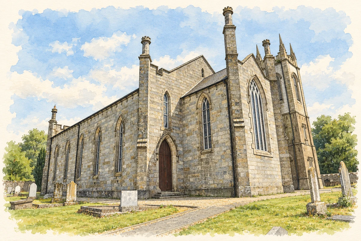 Watercolour and fine ink illustration of All Saints Church, Carnew.