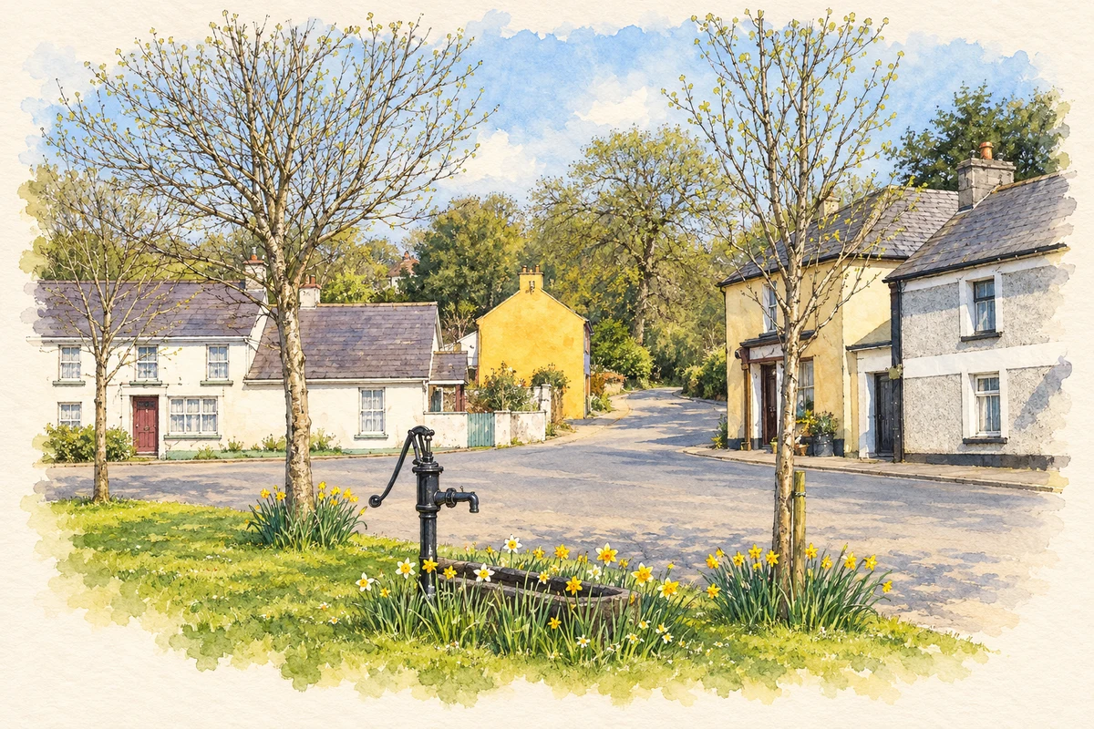 Watercolour and fine ink illustration of Village pump and green, Donard.