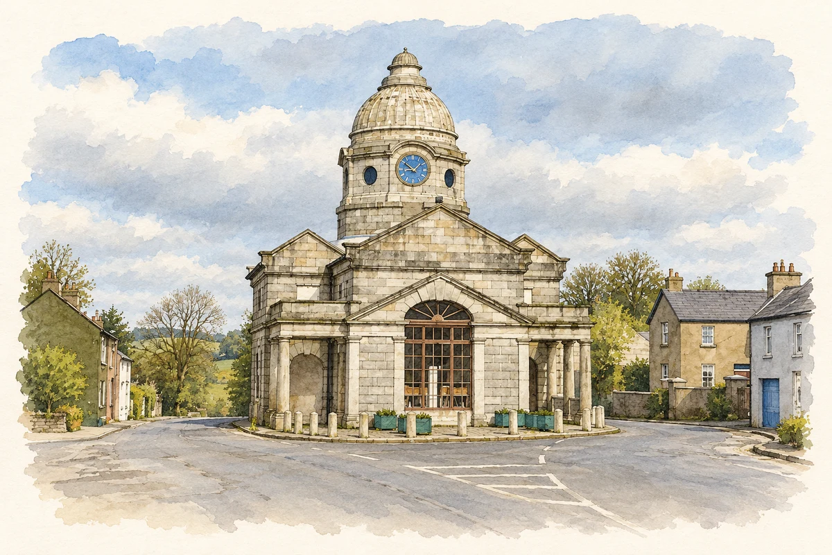 Watercolour and fine ink illustration of Dunlavin Courthouse and Market House.