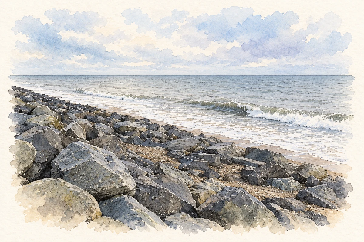 Watercolour and fine ink illustration of Irish Sea shoreline at Ballydonarea, Kilcoole, County Wicklow in Kilcoole.