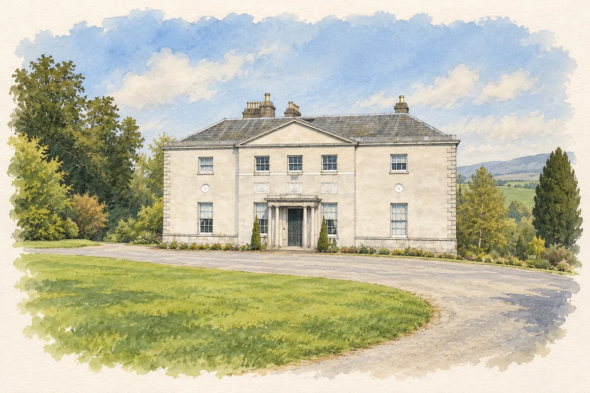 Watercolour and fine ink illustration of Avondale House, near Rathdrum, County Wicklow.