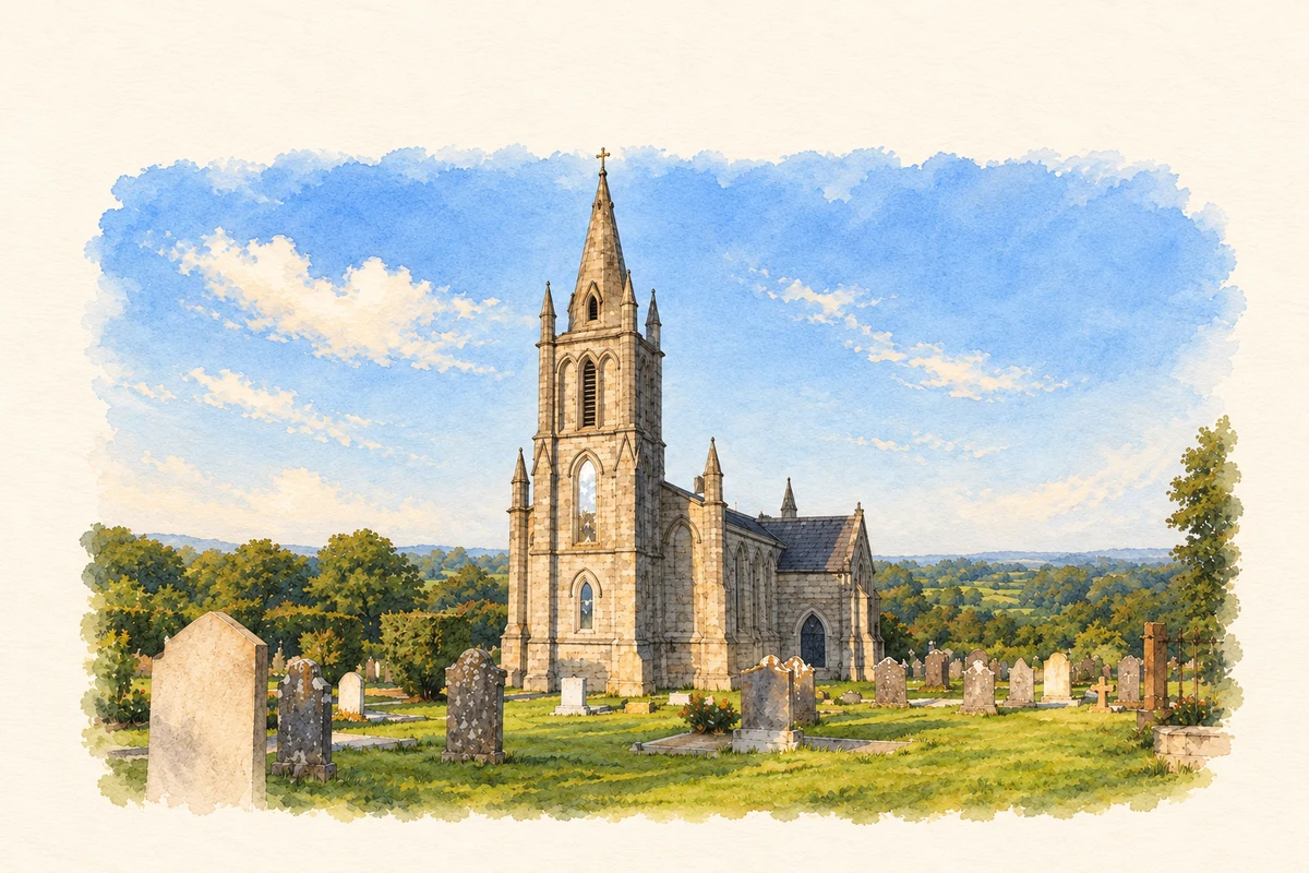 Watercolour and fine ink illustration of Shillelagh Church.