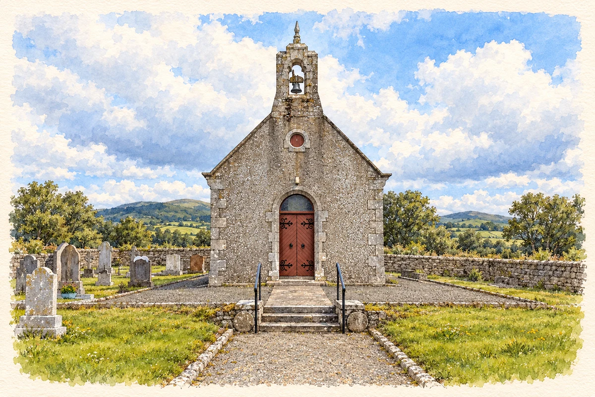 Watercolour and fine ink illustration of St John the Baptist Church, Stratford-on-Slaney.