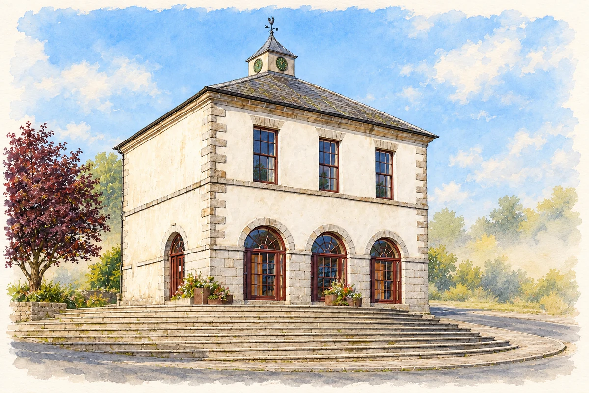 Watercolour and fine ink illustration of Market House, Tinahely.