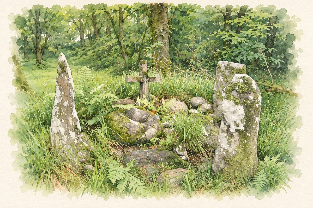 Watercolour and fine ink illustration of St Abán's shrine and ogham stones near Ballymakeery.