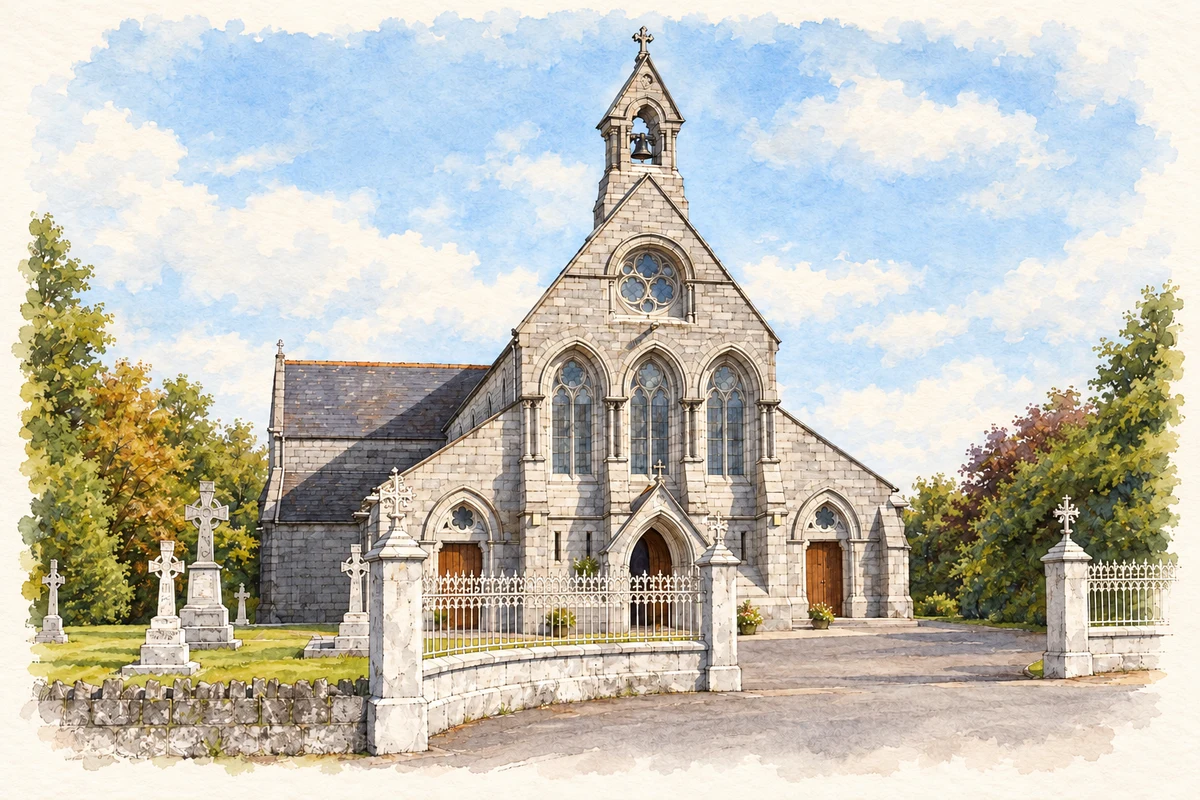 Watercolour and fine ink illustration of St Mary and St John Church, Ballincollig.