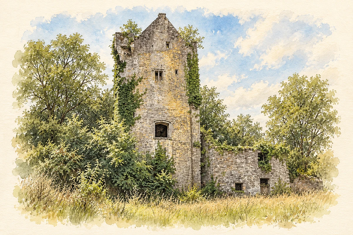 Watercolour and fine ink illustration of Surviving tower of Ballyclogh Castle.