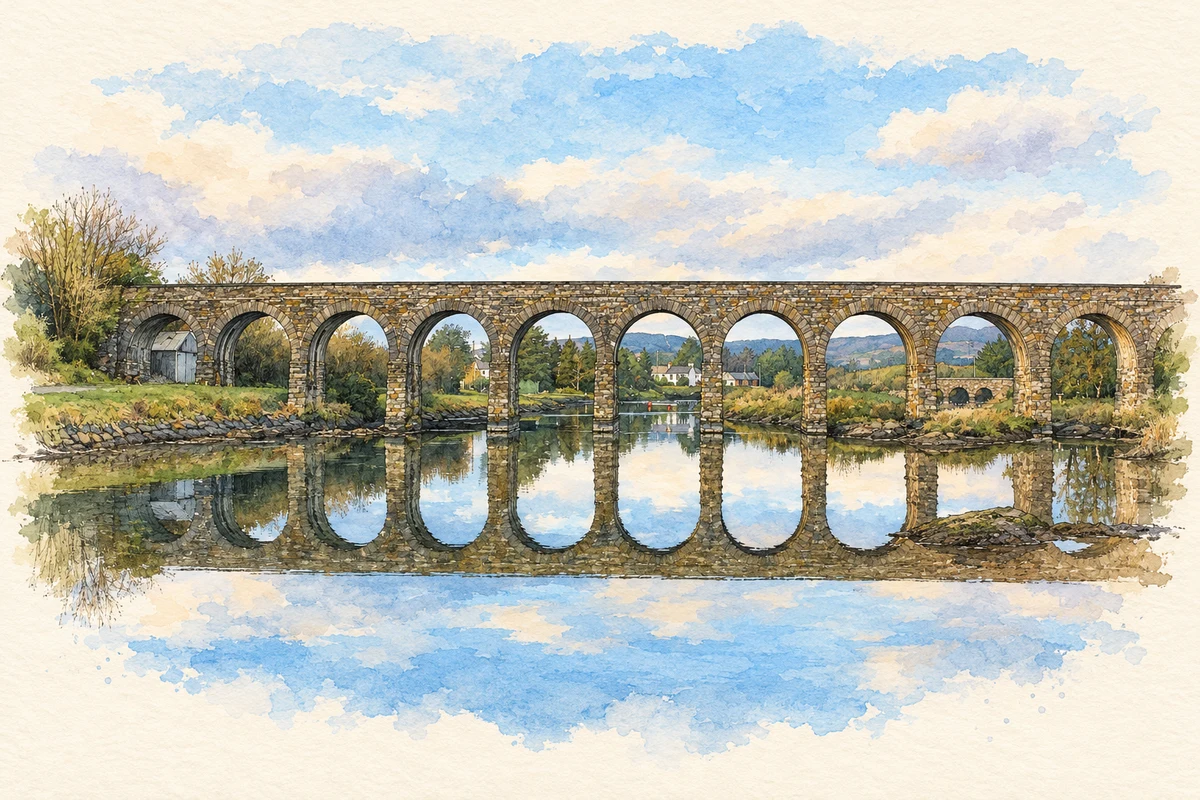 Watercolour and fine ink view of Ballydehob’s stone railway viaduct reflected in still water, with wooded banks and distant hills.
