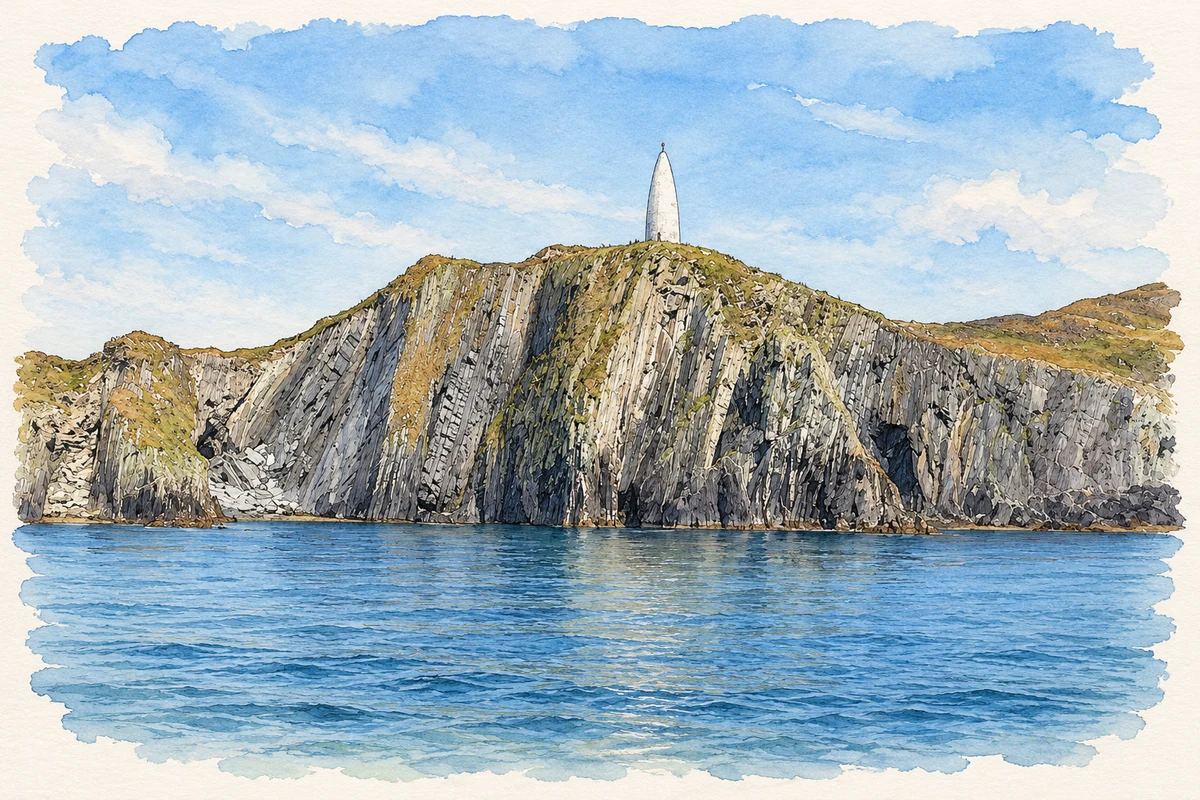 Watercolour and fine ink illustration of Baltimore Beacon above the harbour entrance.