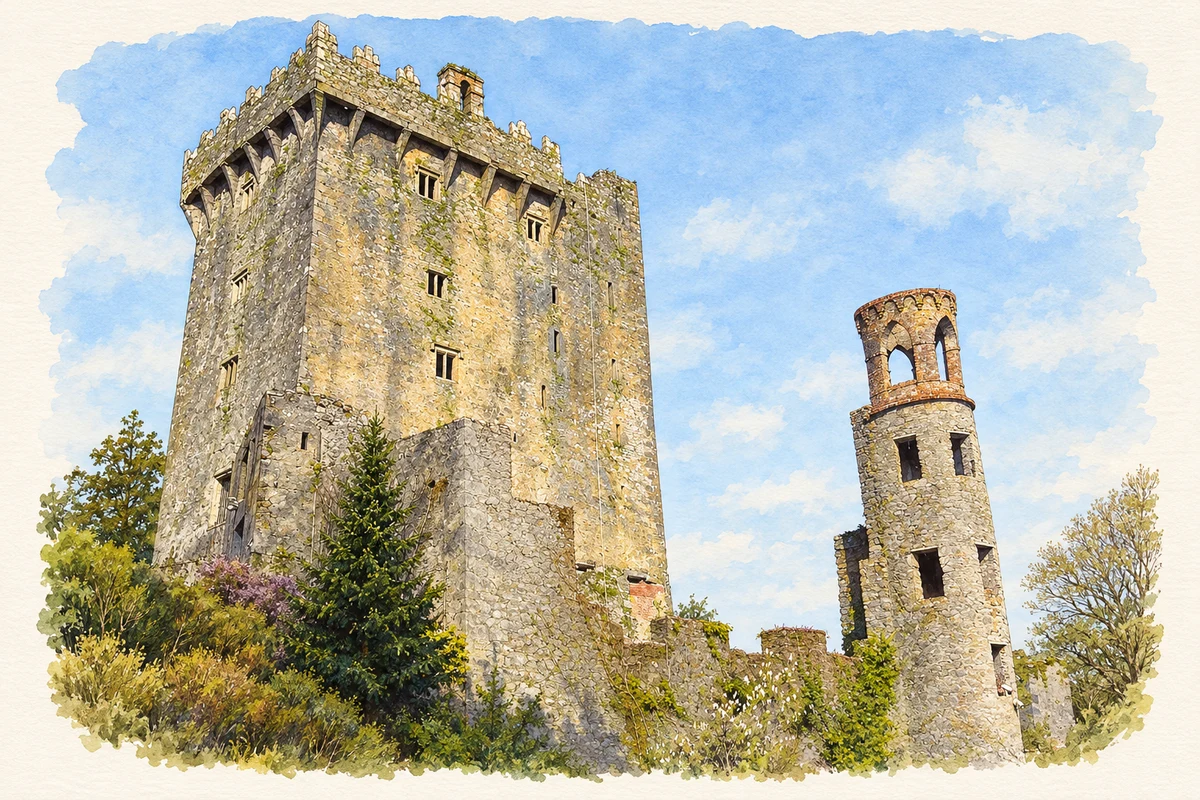 Watercolour and fine ink illustration of Blarney Castle.