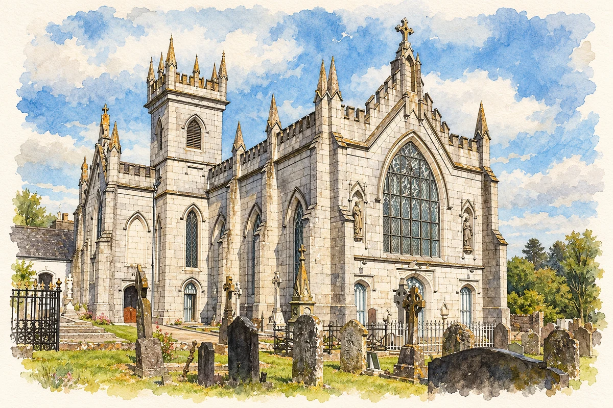 Watercolour and fine ink illustration of St Mary's Church, Buttevant, County Cork.