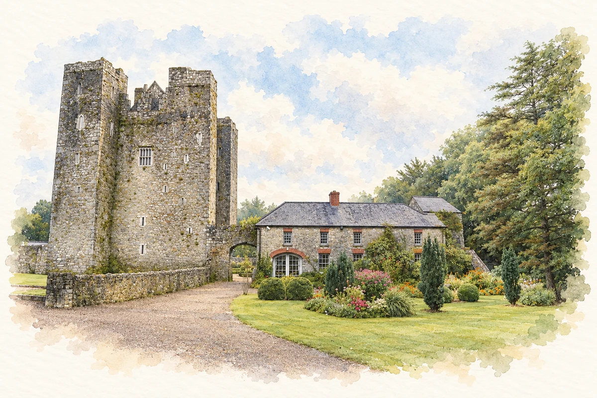 Watercolour and fine ink illustration of Restored Barryscourt Castle, Carrigtohill, County Cork in Carrigtohill.