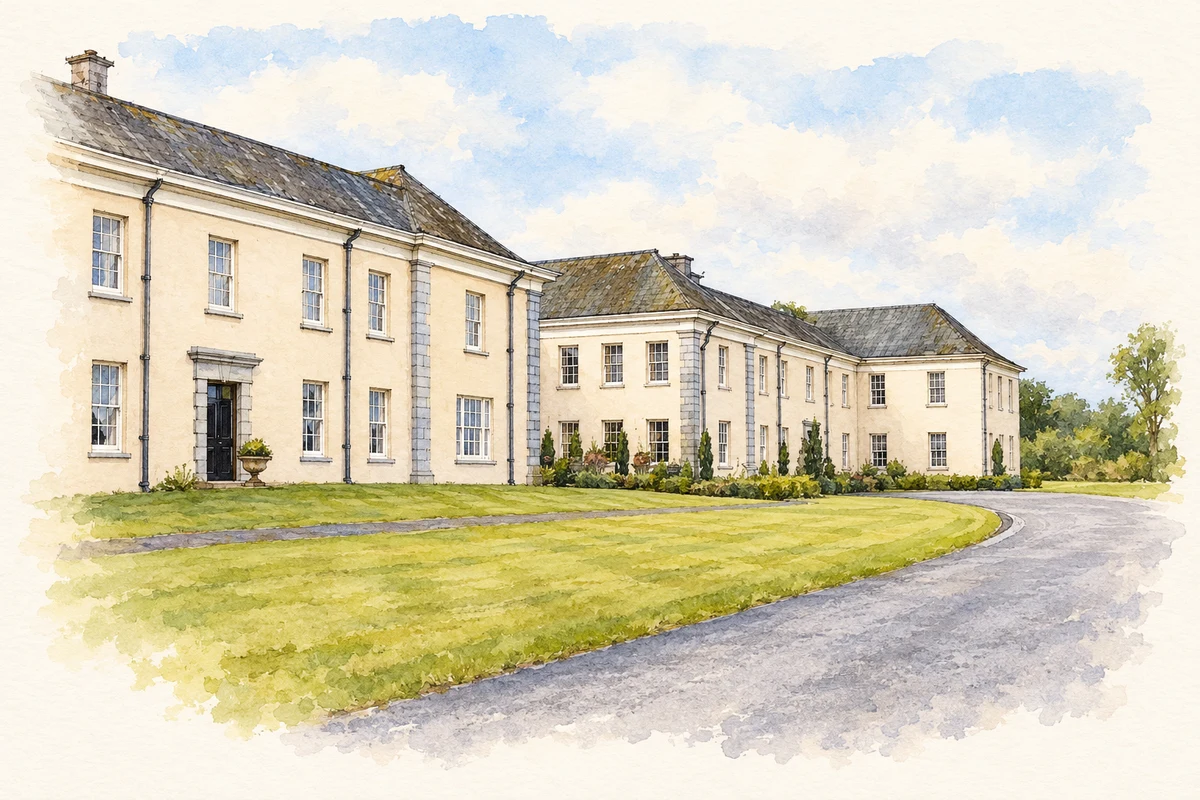 Watercolour and fine ink illustration of Manor house at Castlemartyr.