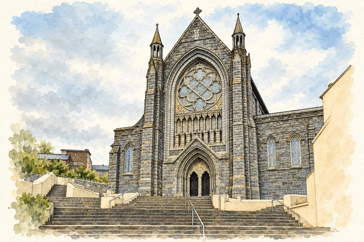 Watercolour and fine ink illustration of Sacred Heart Church entrance, Castletownbere, County Cork.