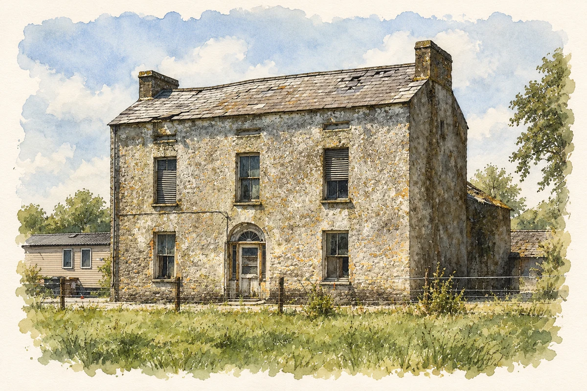 Watercolour and fine ink illustration of Walshetown House near Churchtown, County Cork.