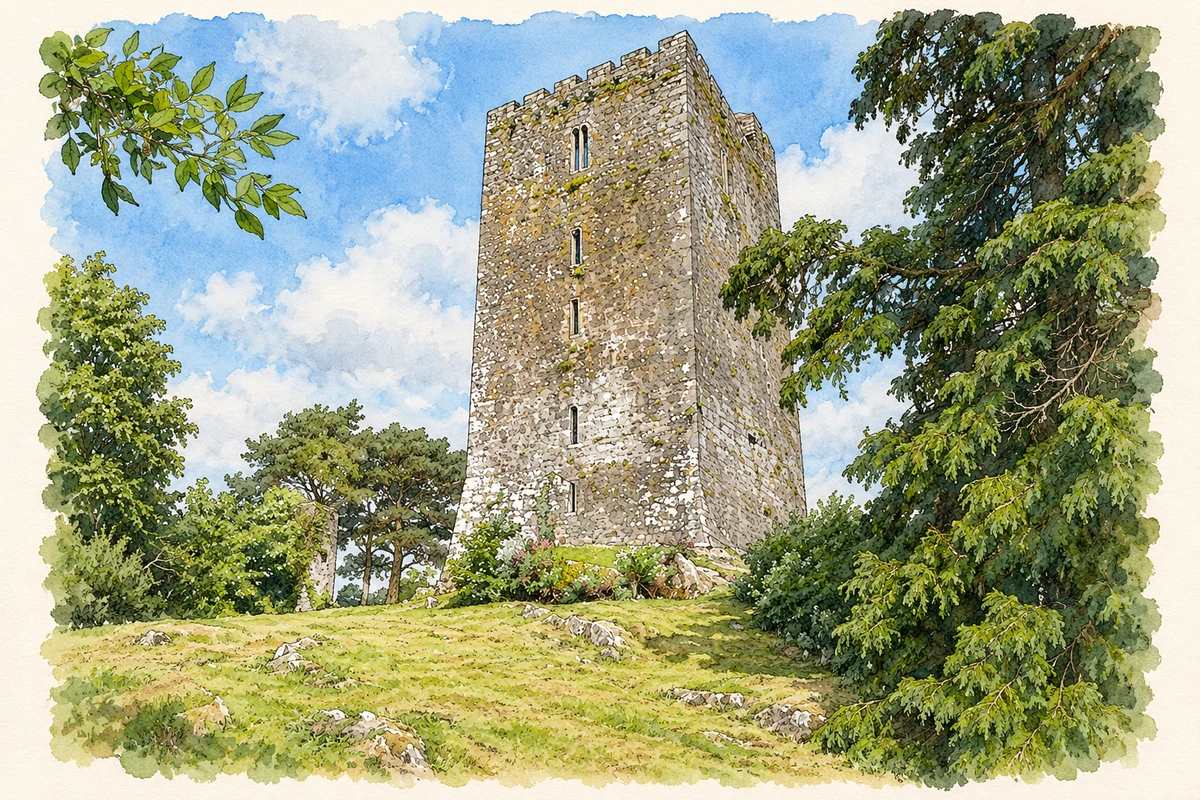 Watercolour and fine ink illustration of Conna Castle.