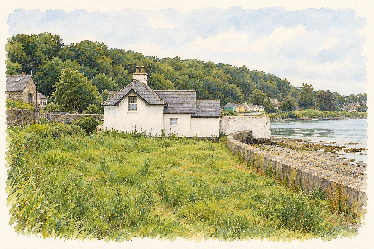 Watercolour and fine ink illustration of Shore cottages, Courtmacsherry.