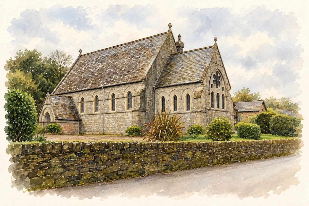 Watercolour and fine ink illustration of Holy Trinity Church, Crosshaven, County Cork.