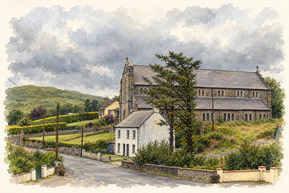 Watercolour and fine ink illustration of St Cartha's Church and parochial house, Kilcar.