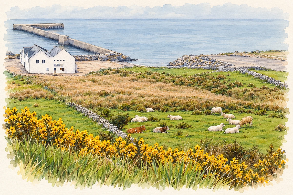 Watercolour and fine ink illustration of Meenlaragh hillside pasture and pier.
