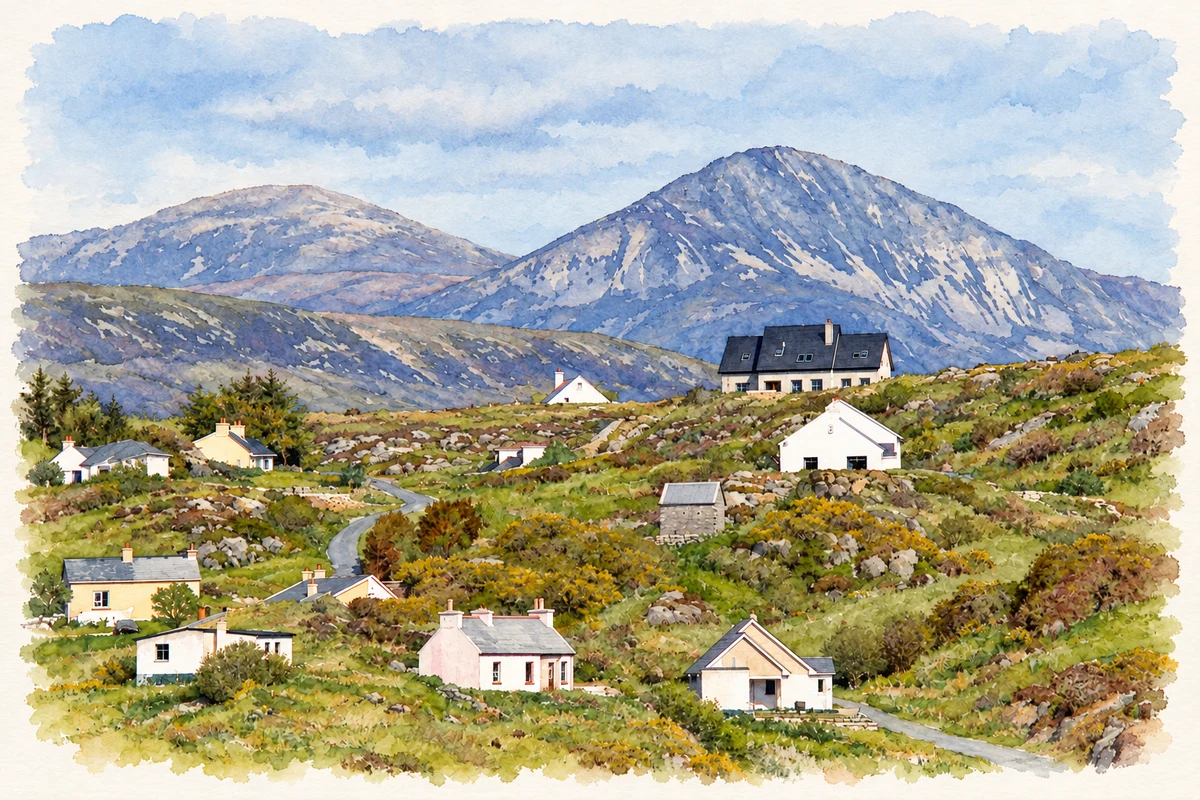 Watercolour and fine ink illustration of Rinnafarset village landscape, County Donegal.