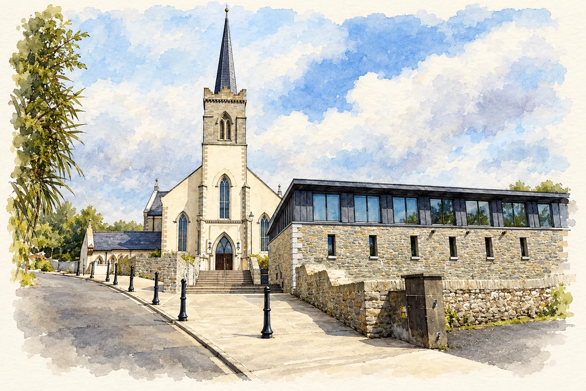 Watercolour and fine ink illustration of St Mary of the Visitation Church, Killybegs.
