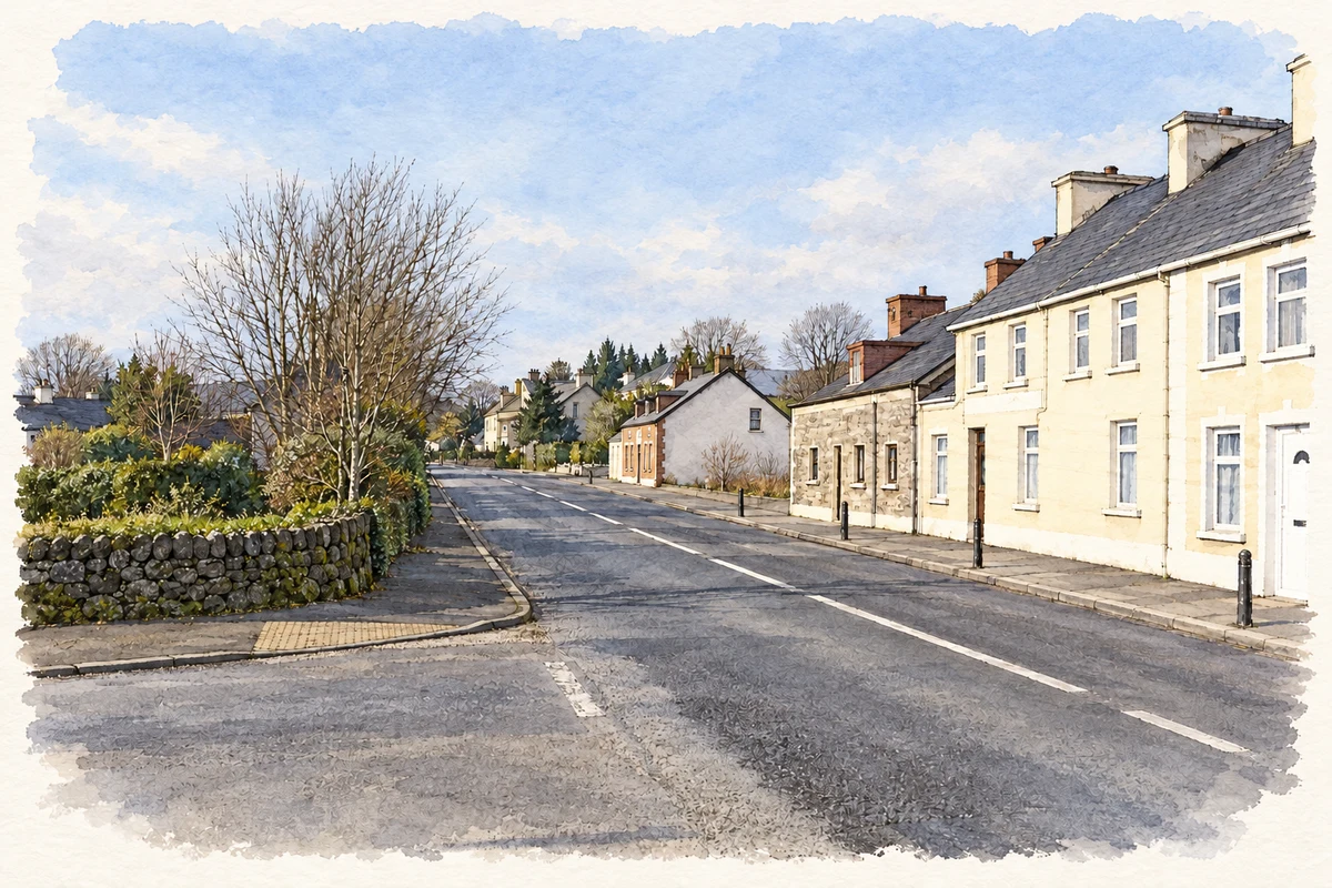 Watercolour and fine ink illustration of Village street, Killygordon.