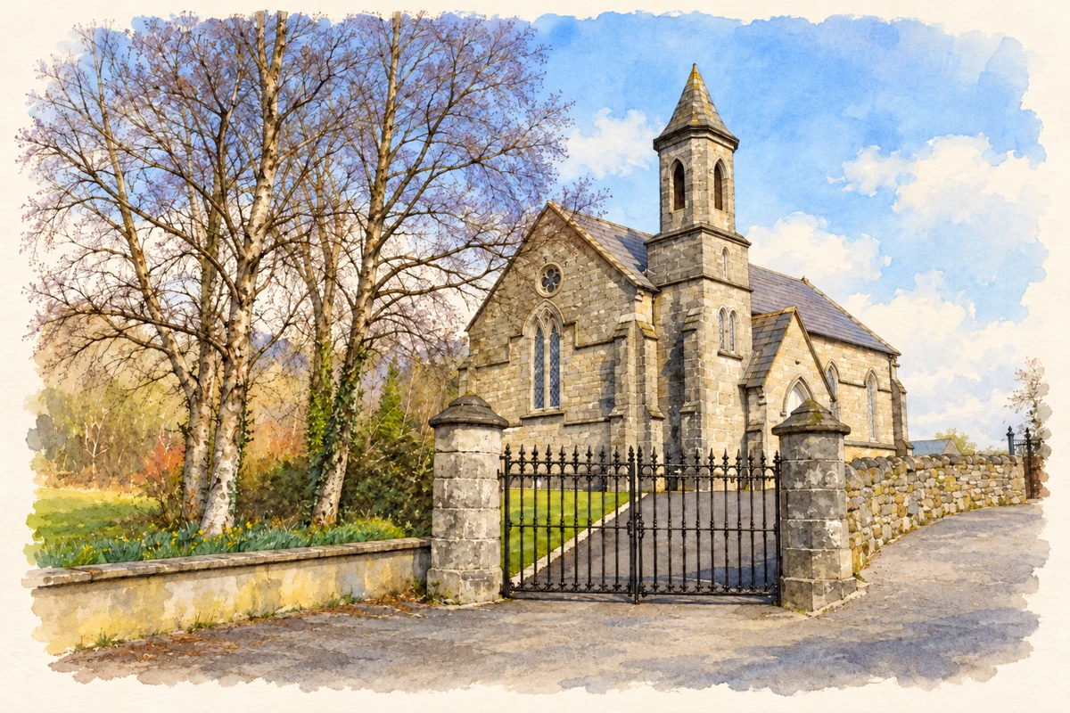 Watercolour and fine ink illustration of St Finian and St Mark Church of Ireland, Kilmacrenan.