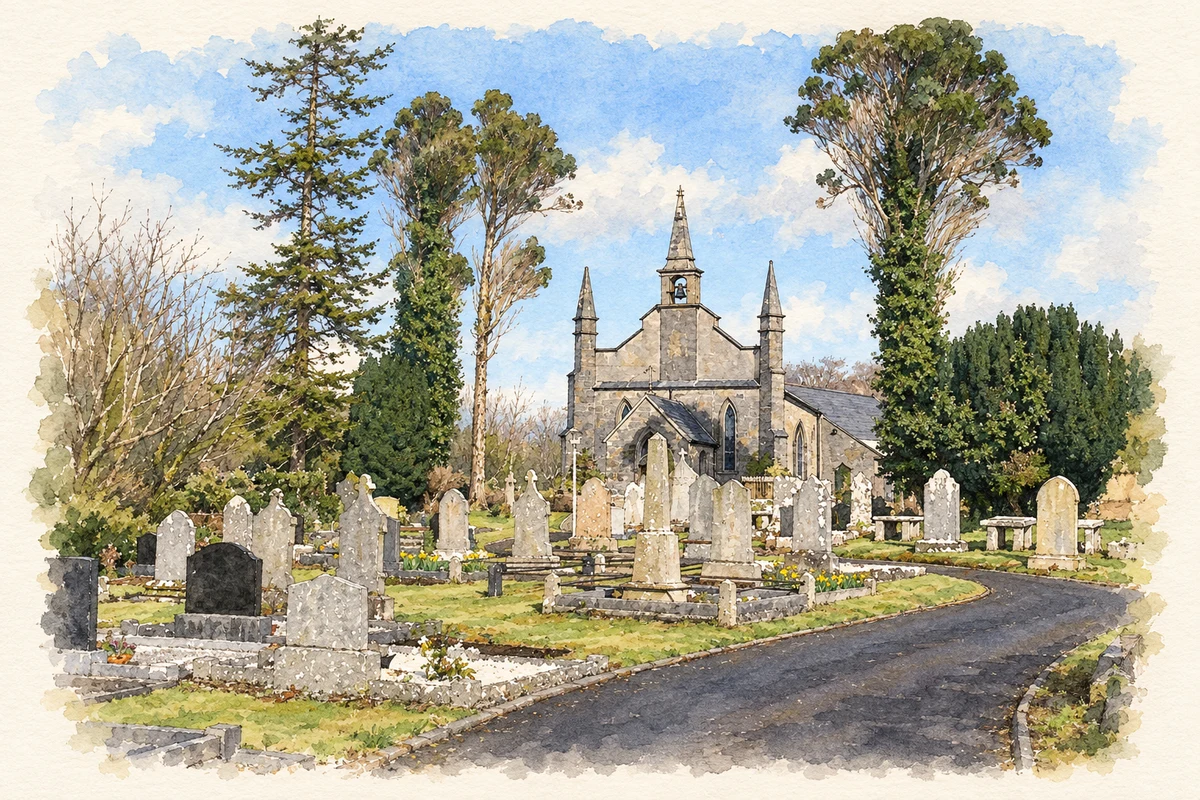 Watercolour and fine ink illustration of Laghy Church of Ireland church.