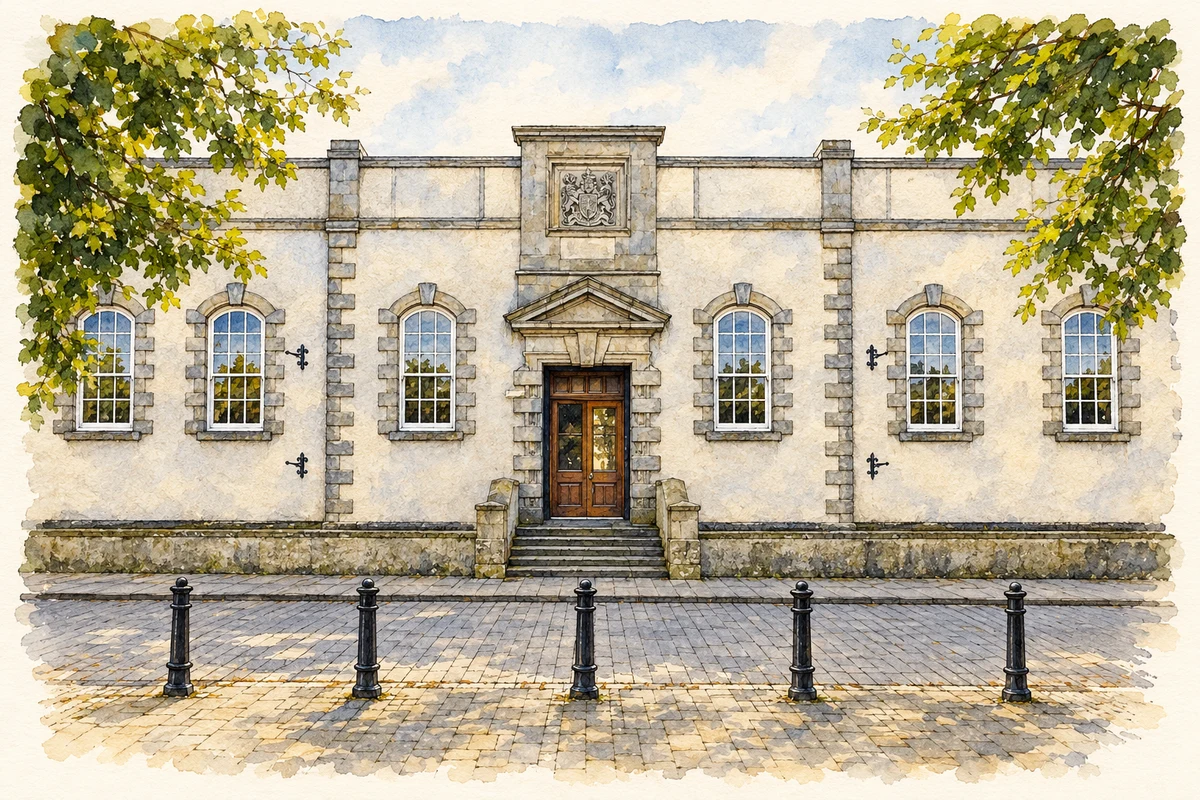 Watercolour and fine ink illustration of Central facade of Lifford Courthouse, County Donegal.