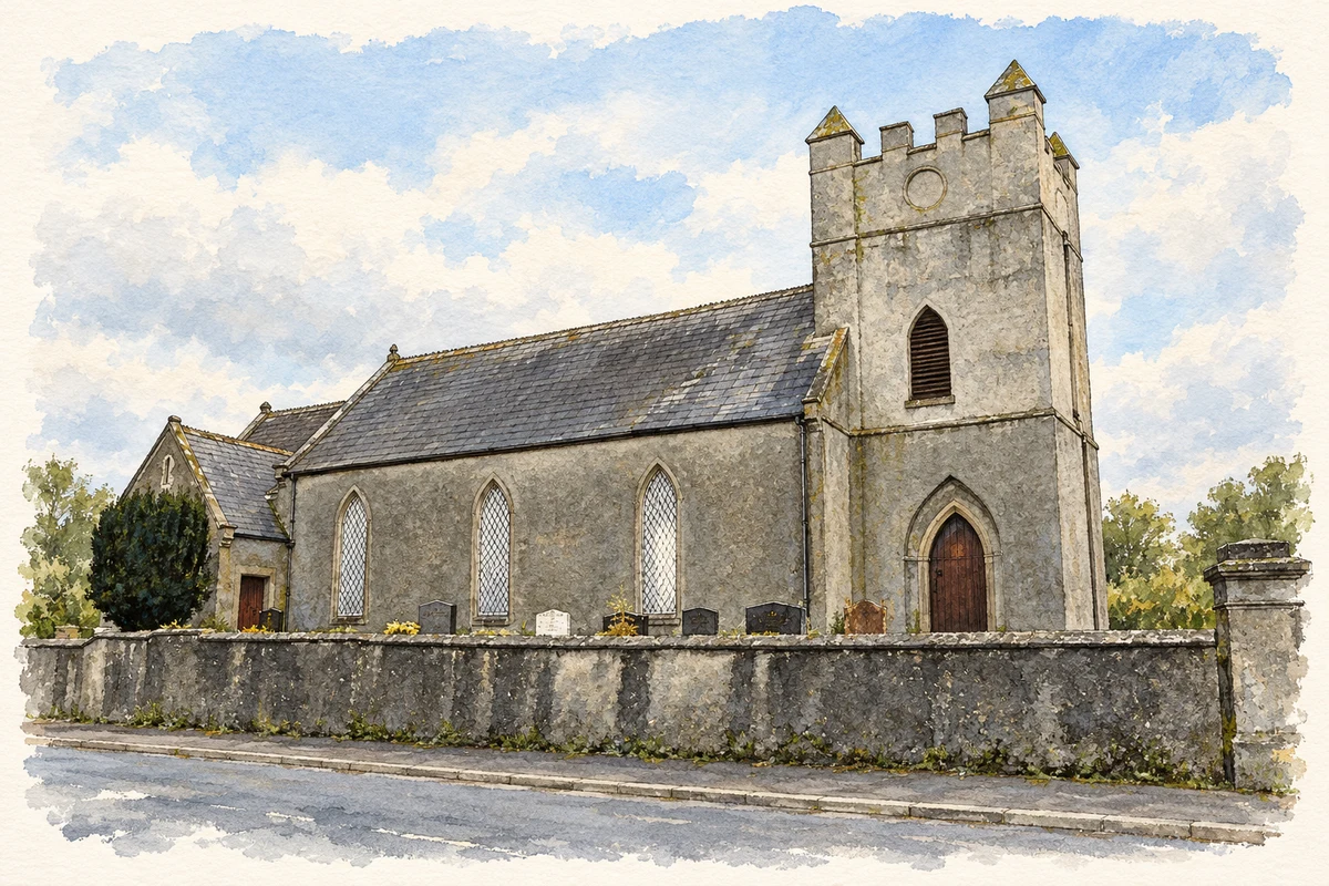 Watercolour and fine ink illustration of Raymochy Parish Church, Manorcunningham.