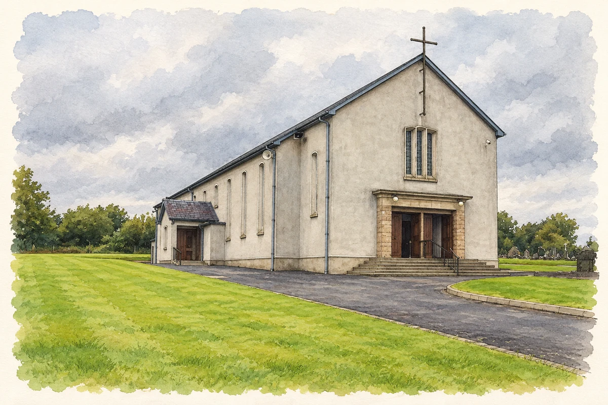 Watercolour and fine ink illustration of Sacred Heart Church, Muff.