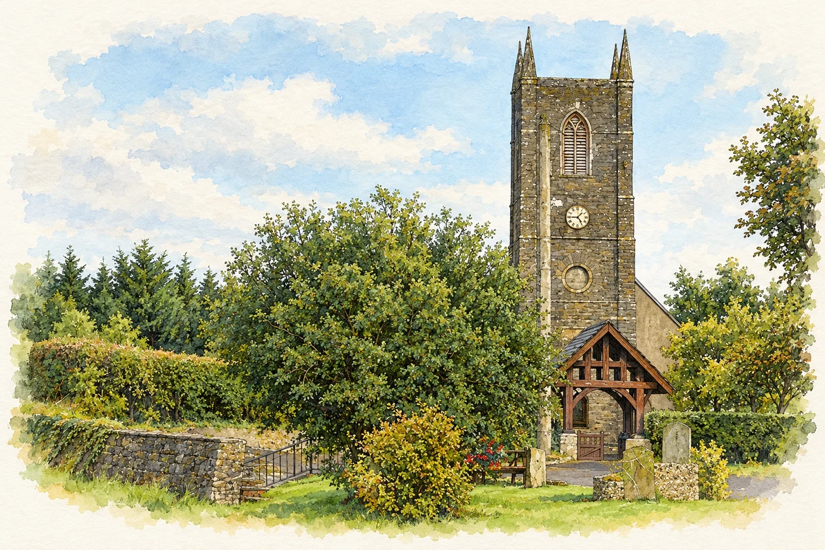 Watercolour and fine ink illustration of All Saints' Church of Ireland, Newtowncunningham, County Donegal.