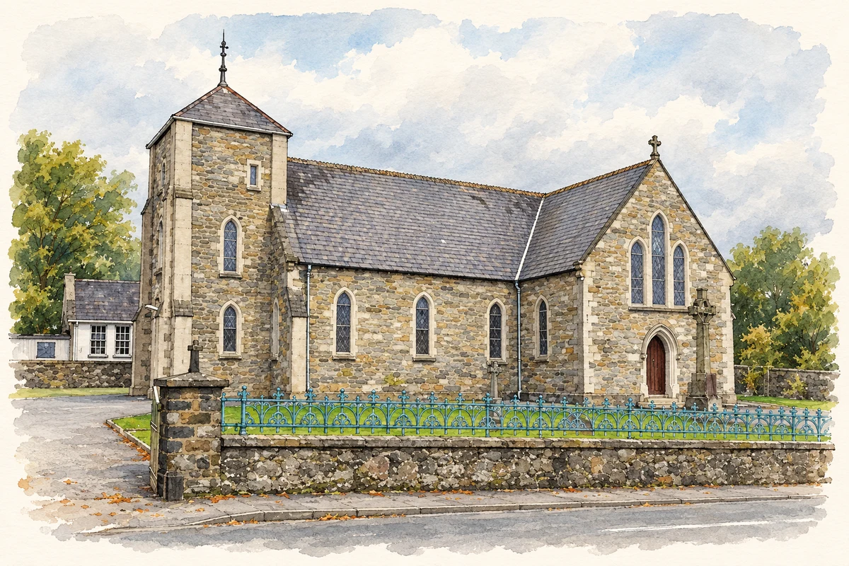 Watercolour and fine ink illustration of St Mary's Catholic Church, Ramelton, County Donegal.