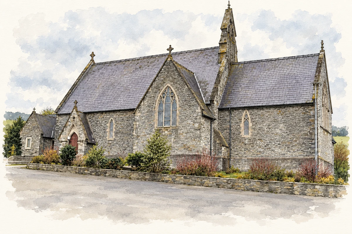 Watercolour and fine ink illustration of St Baithin's Church, Saint Johnston, County Donegal.