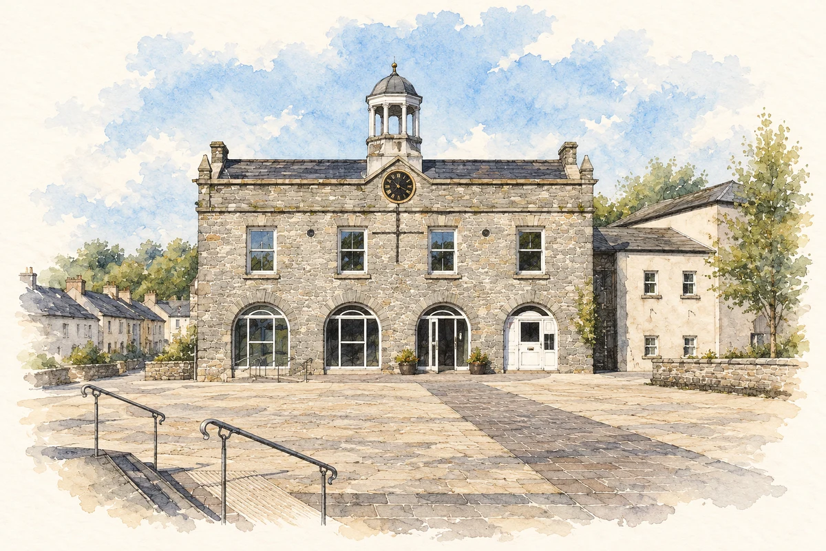 Watercolour and fine ink illustration of Market House, Ballynahinch, County Down in Ballynahinch.