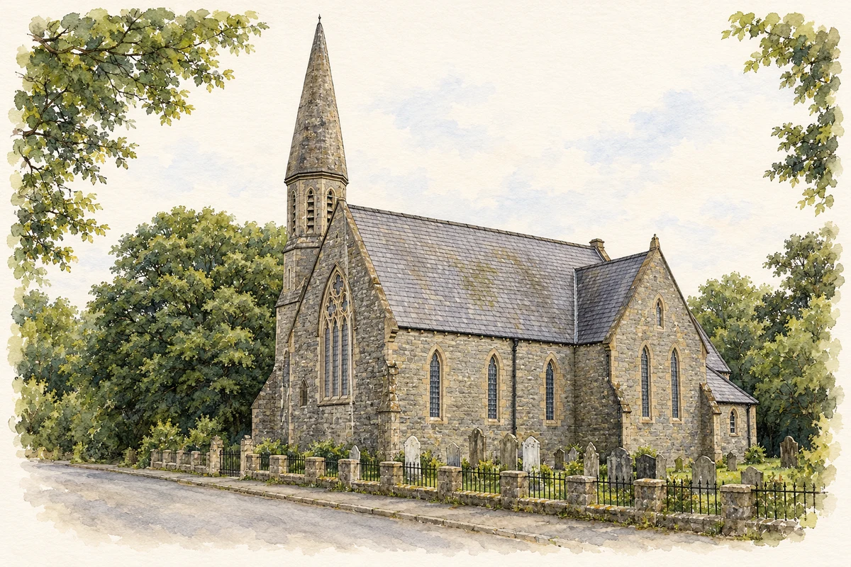 Watercolour and fine ink illustration of Culmore Church of Ireland church.
