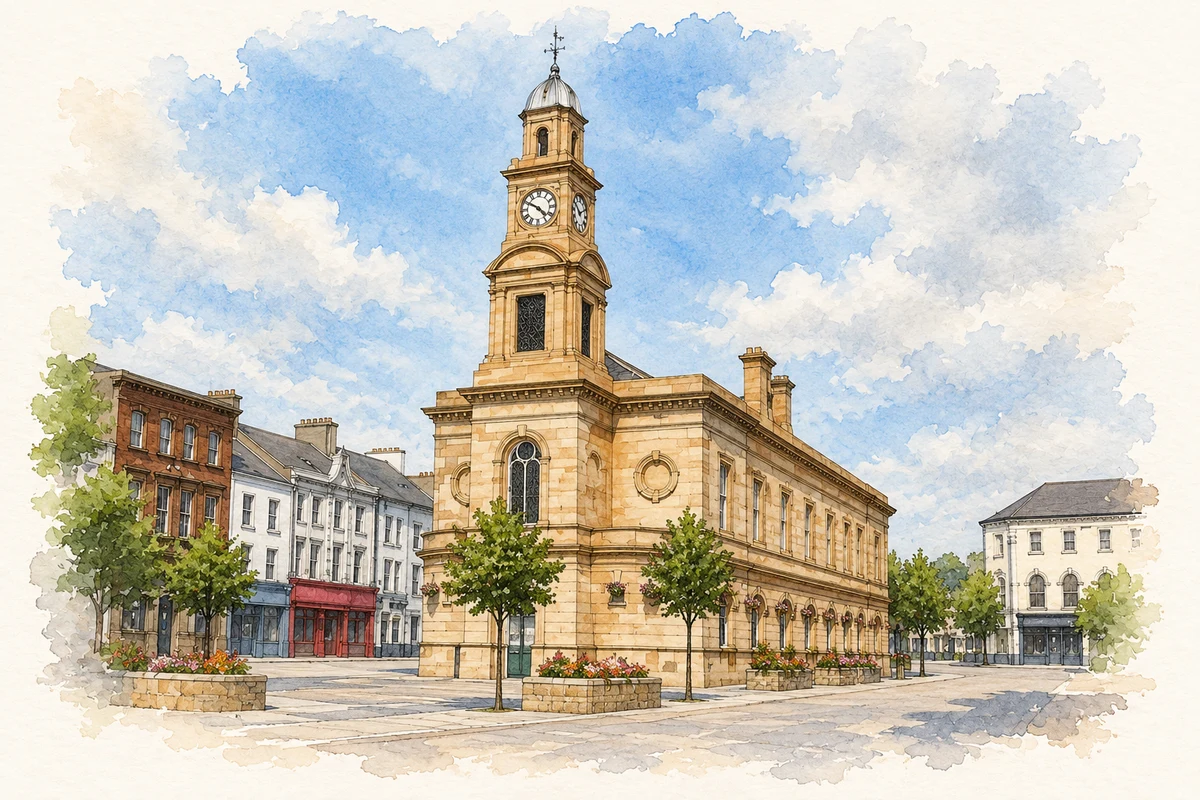 Watercolour and fine ink illustration of Coleraine Town Hall, County Derry in Coleraine.