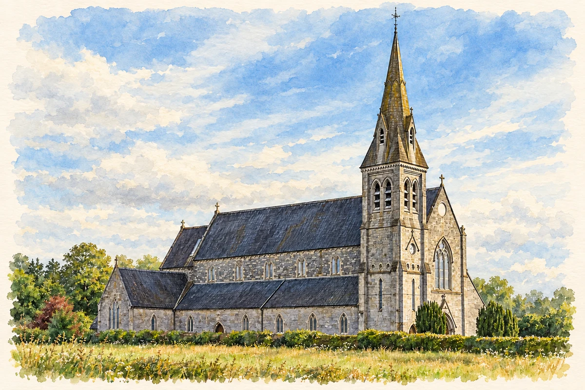 Watercolour and fine ink illustration of St Fintan's Church, Mountrath, County Laois.
