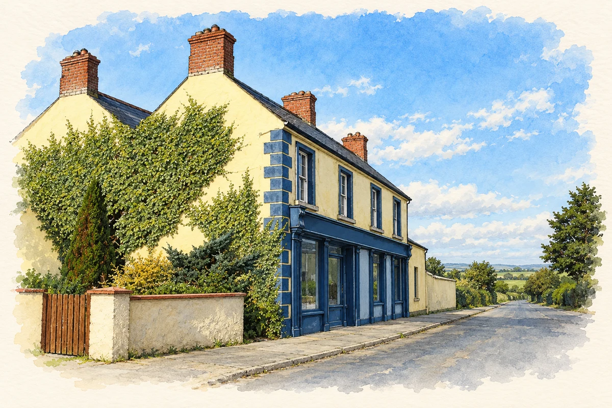 Watercolour and fine ink illustration of Traditional village shopfront, Ballycolla.