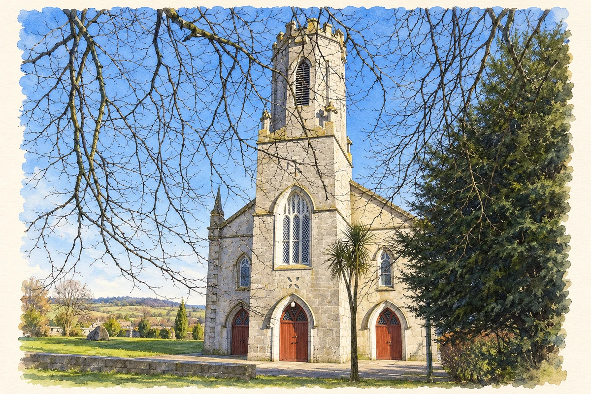 Watercolour and fine ink illustration of St Patrick’s Church, Ballyroan.