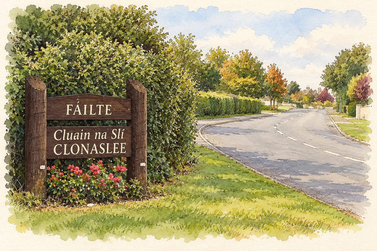 Watercolour and fine ink illustration of Village welcome sign, Clonaslee.