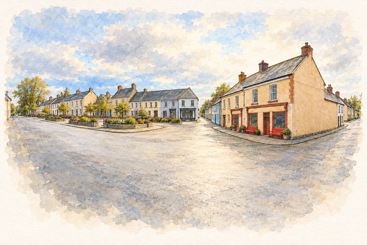 Watercolour and fine ink illustration of Rathdowney Market Square junction.