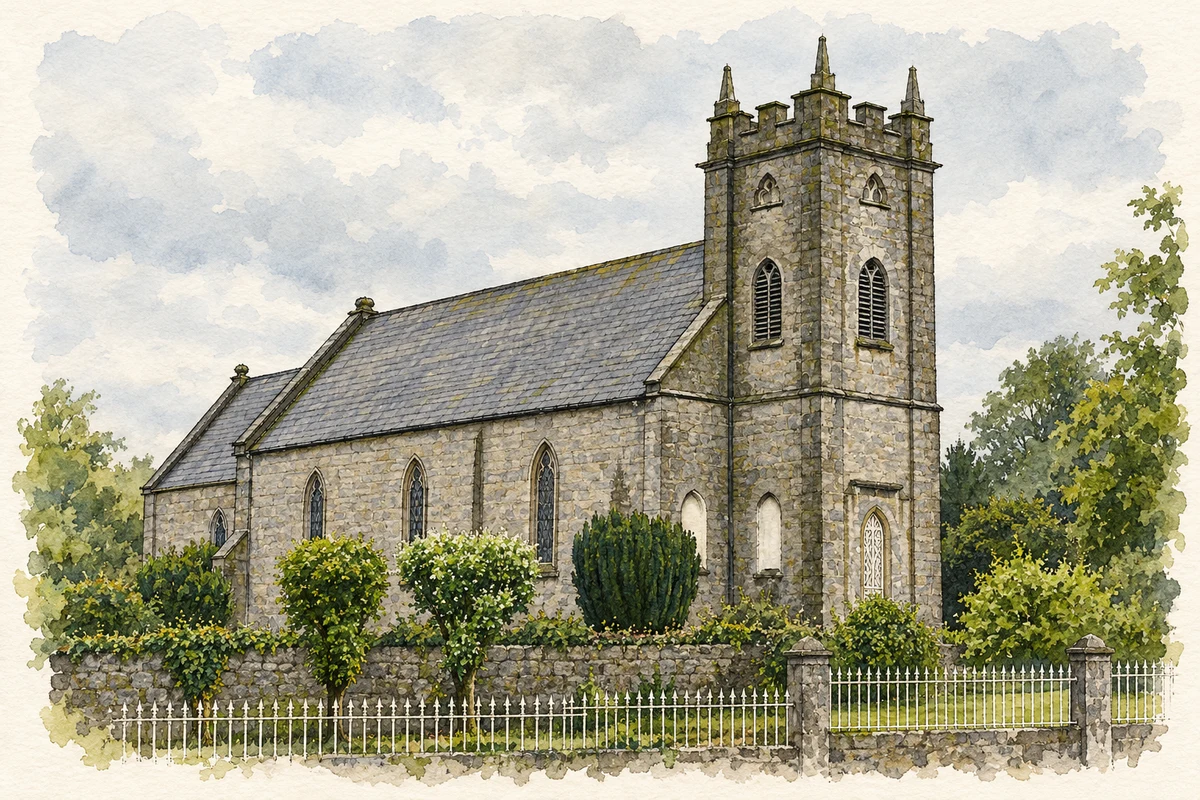 Watercolour and fine ink illustration of St Patrick's Church, Stradbally, County Laois.