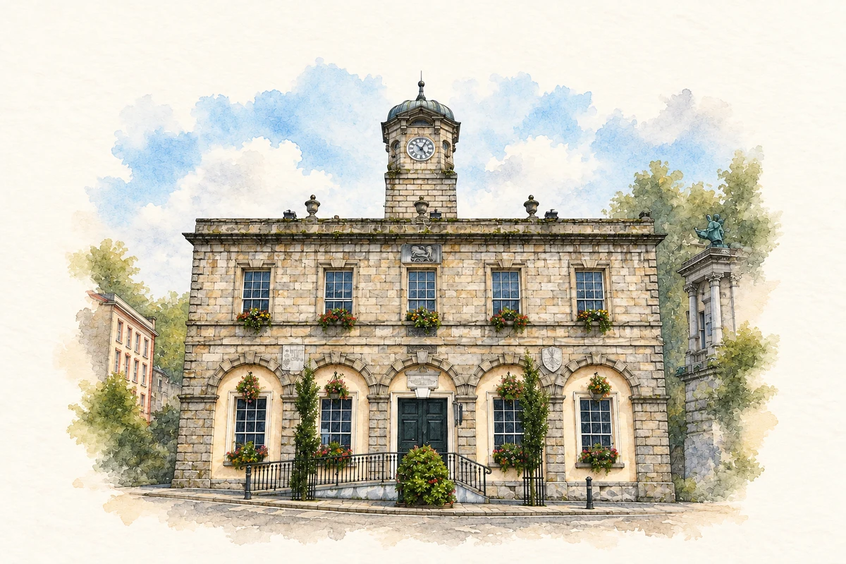 Watercolour and fine ink illustration of The Tholsel, New Ross, County Wexford in New Ross.