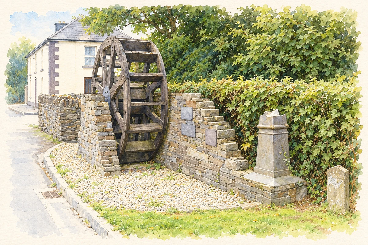 Watercolour and fine ink illustration of Waterwheel display, Ballycanew.